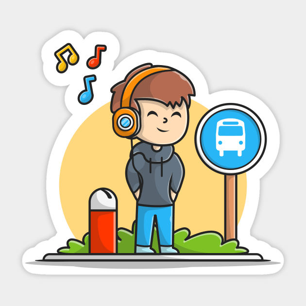 Happy Boy Listening Music with Heaphone and Waiting The Bus in Halte Cartoon Vector Icon Illustration Sticker by Catalyst Labs